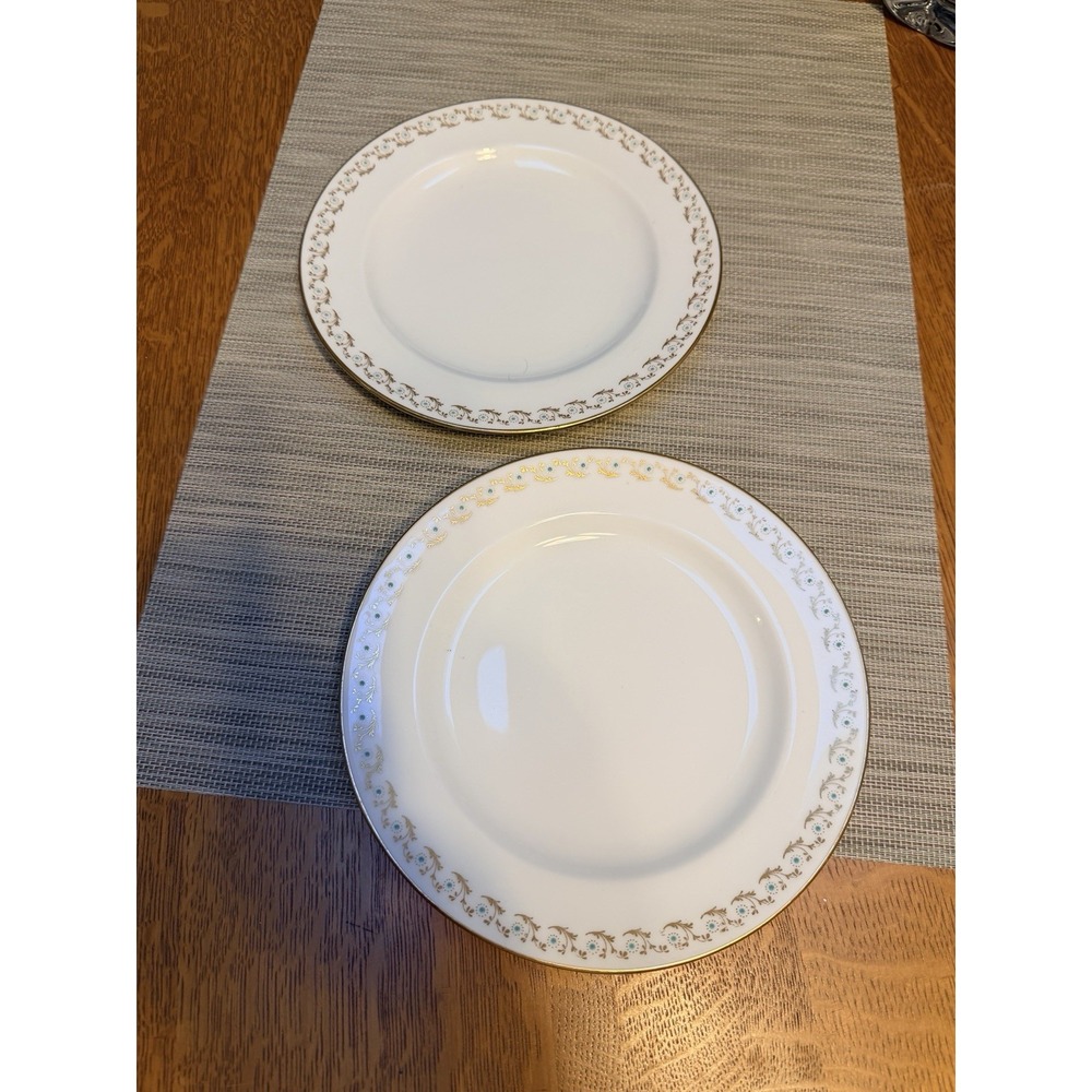 Pair Mintons 7.75" Salad Plates Shreve & Co Gold Turquoise MINT